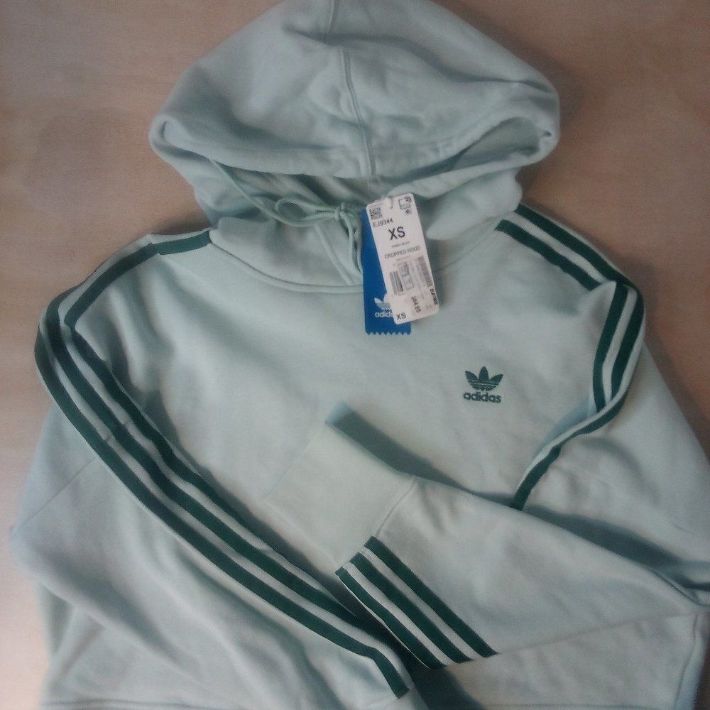 NWT Adidas 3 Stripe Cropped Hoodie Sweatshirt Vapour Green - Picture 1 of 8